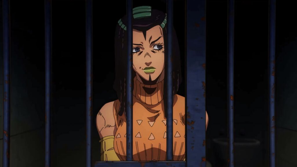 Ermes Costello behind dark prison bars intense anime wallpaper with vibrant orange outfit and moody lighting