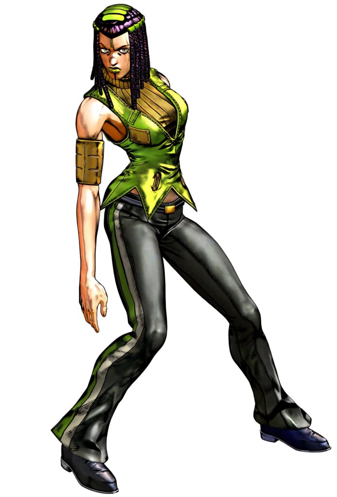 Ermes Costello anime wallpaper in green yellow outfit with black pants strong confident pose