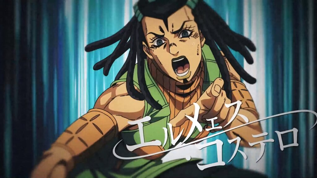 Ermes Costello JoJo Bizarre Adventure dynamic pose intense expression vibrant blue background Wallpaper