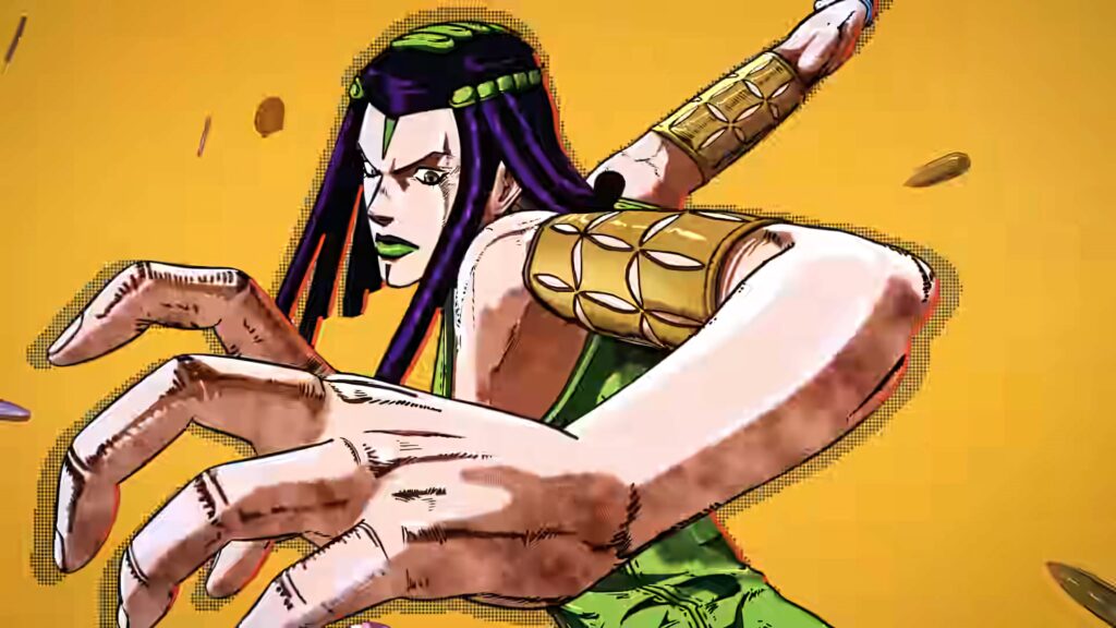 Ermes Costello JoJos Bizarre Adventure dynamic wallpaper bold outlines yellow green tones