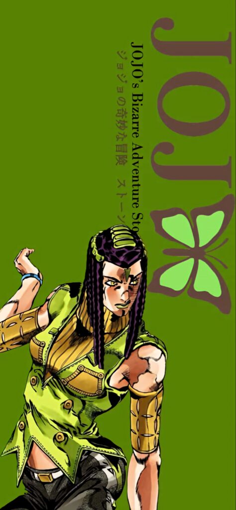 Ermes Costello vibrant green JoJos Bizarre Adventure wallpaper dynamic manga art intense pose