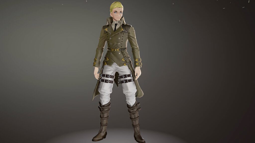 Erwin Smith action figure in green coat white pants with harness straps detailed 3D render Wallpaper