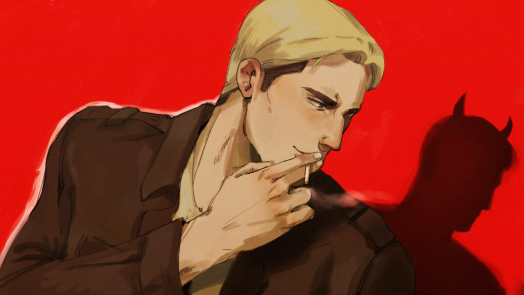 Erwin Smith anime art with cigarette devil horn shadow vivid red background intense wallpaper