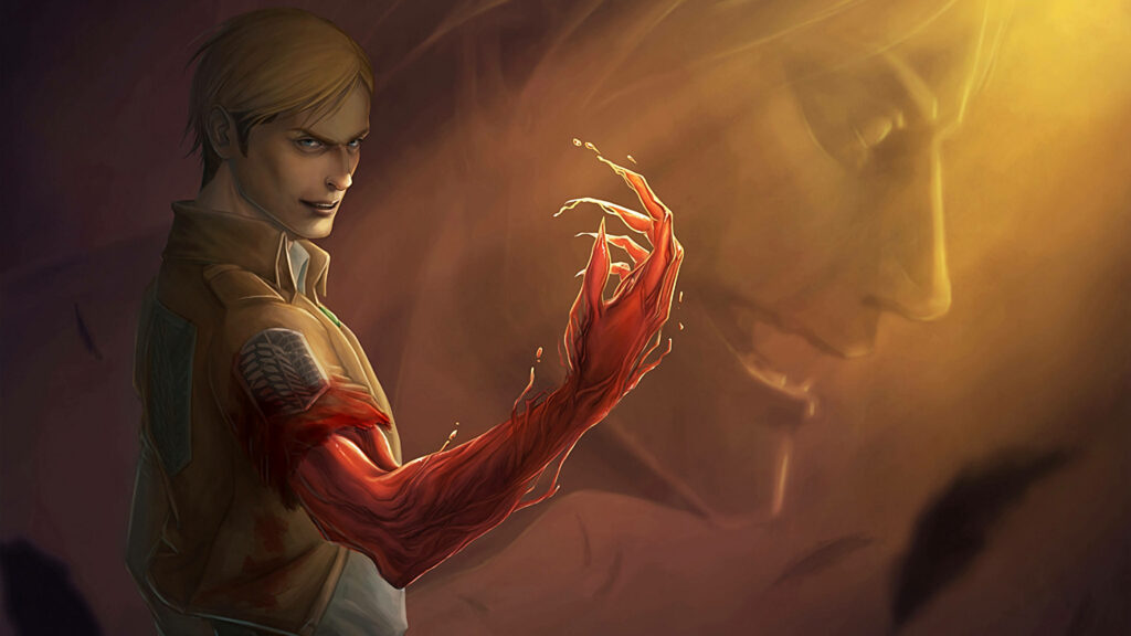 Erwin Smith anime wallpaper with monstrous red arm golden light shadowed portrait digital art