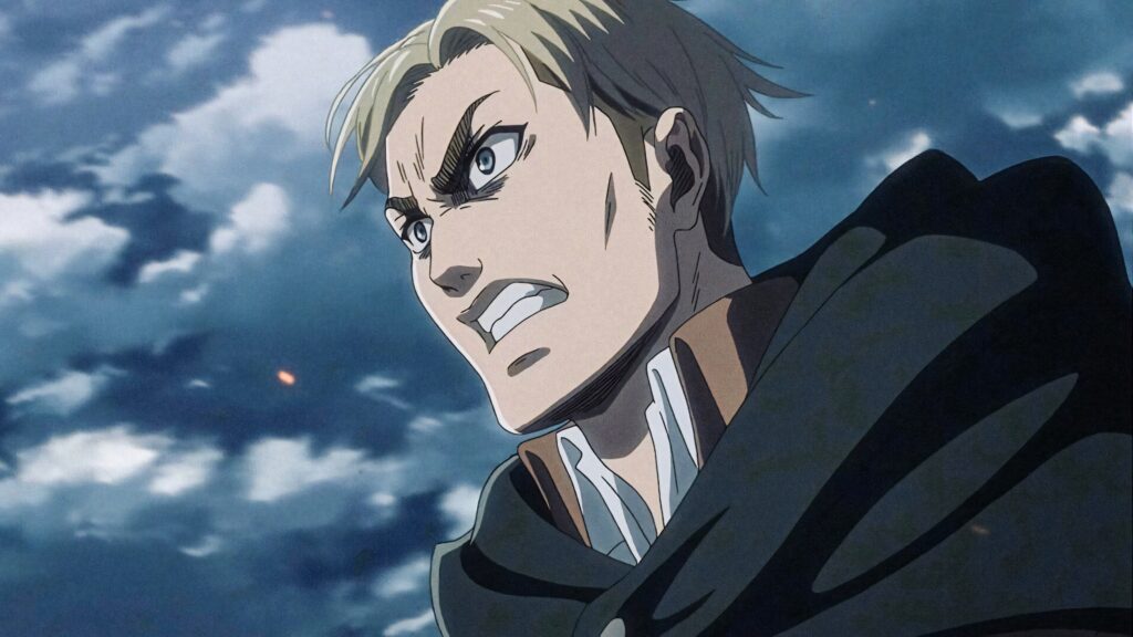 Scouting Commander Erwin Smith Attack on Titan intense battle scene stormy sky wallpaper