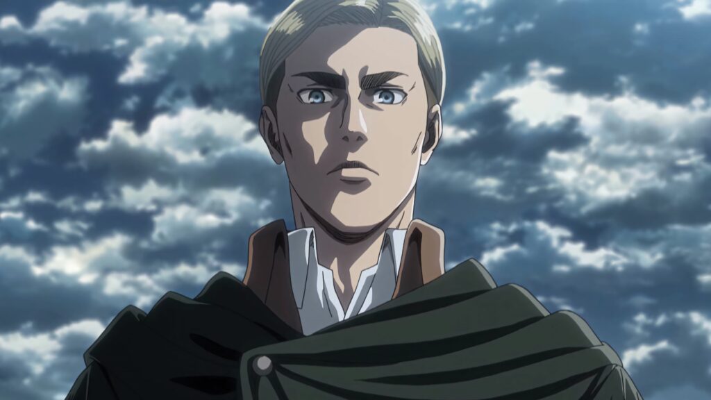 Erwin Smith Attack on Titan anime wallpaper bold shading dramatic lighting cloudy sky background