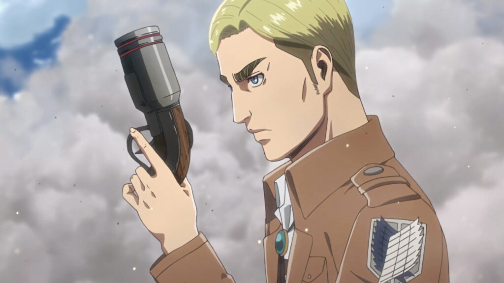 Erwin Smith from Attack on Titan holding pistol against cloudy sky in anime-style wallpaper