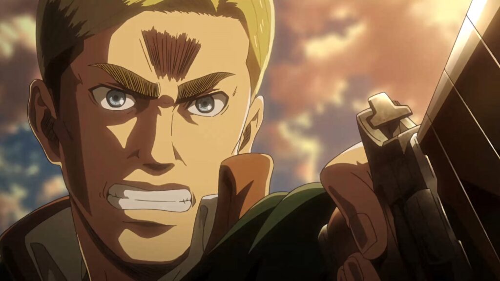 Erwin Smith intense action Attack on Titan anime wallpaper sunset dramatic lighting bold shadows