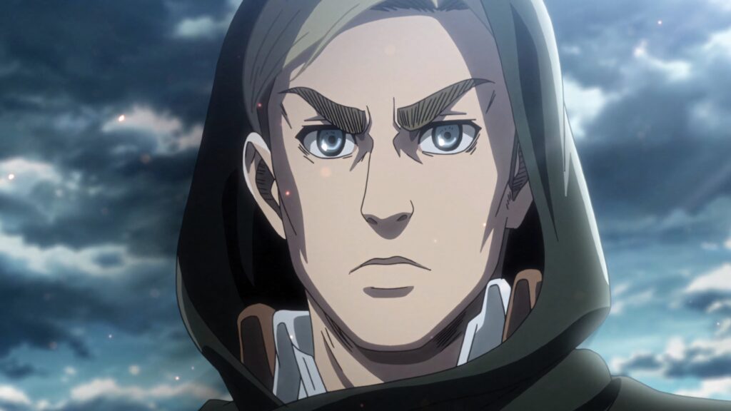Erwin Smith Attack on Titan wallpaper intense expression sharp blue eyes cloudy sky background