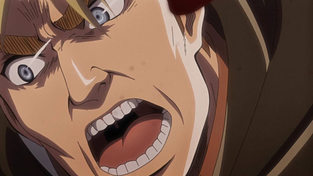 Close-up of Erwin Smith intense expression Attack on Titan anime wallpaper with warm shading