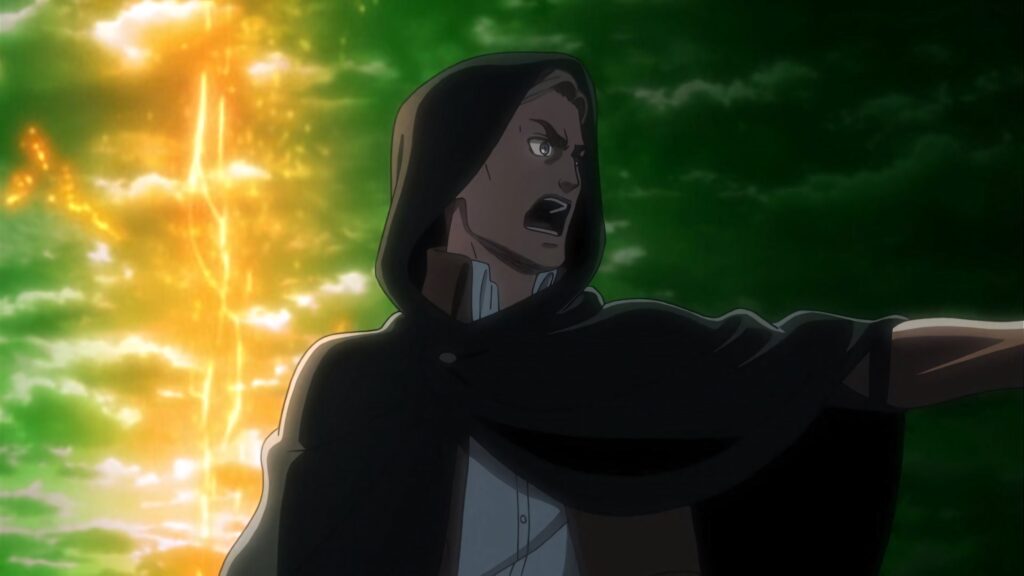 Erwin Smith in hooded cloak against dramatic green yellow sky intense anime action wallpaper
