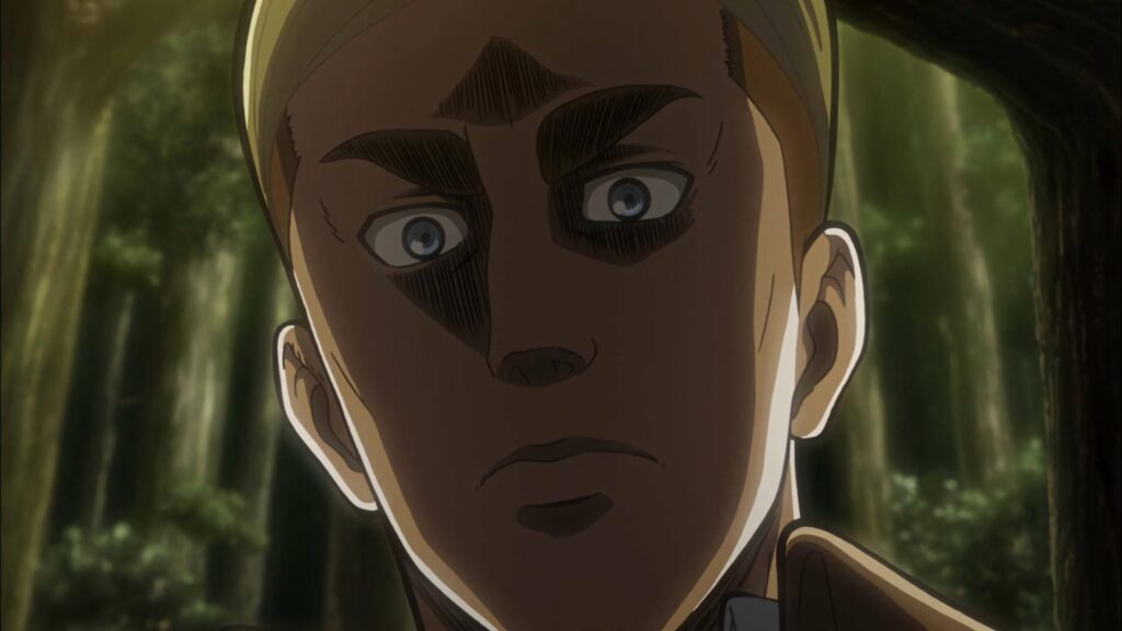 Erwin Smith close-up Attack on Titan wallpaper intense shadowing forest background leadership
