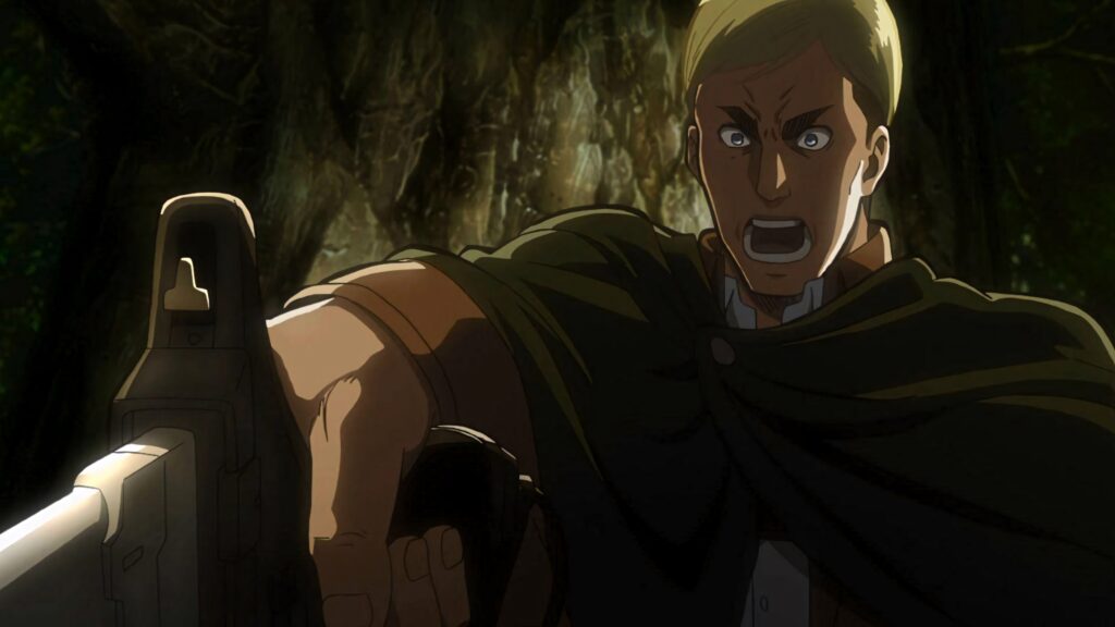 Erwin Smith intense expression with shadows earthy tones Attack on Titan forest wallpaper background