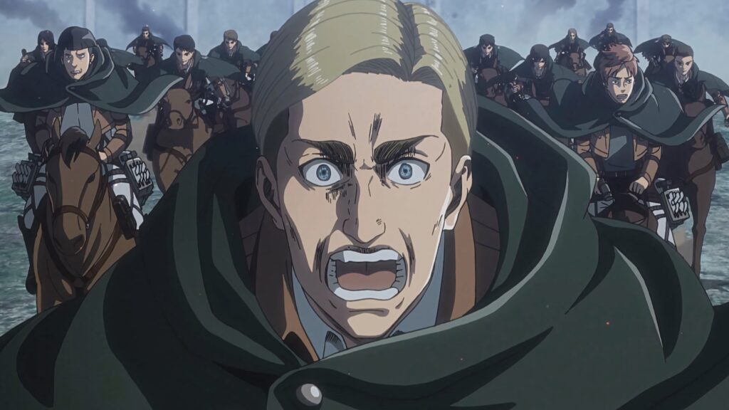 Erwin Smith shocked leading Survey Corps soldiers on horseback dark cloaks intense battlefield anime Wallpaper
