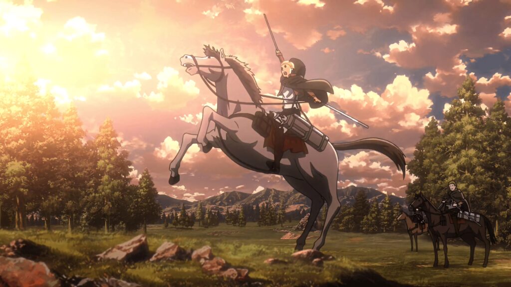 Erwin Smith on rearing horse in military gear against golden sky and mountains Attack on Titan Wallpaper