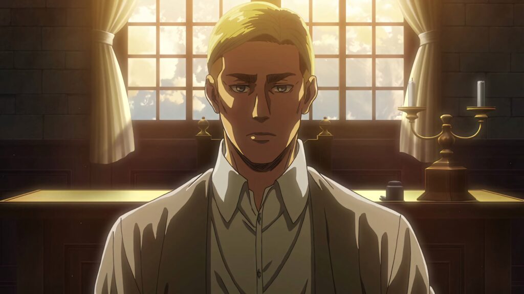 Erwin Smith sitting solemnly by sunlit window in detailed anime style with somber mood wallpaper