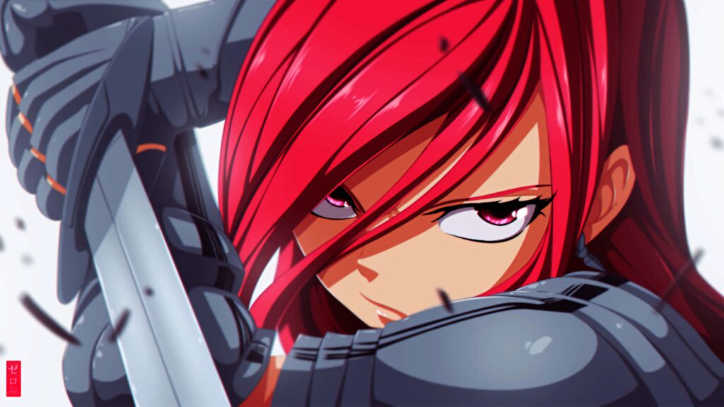 Erza Scarlet anime wallpaper close-up fierce pink eyes red hair armored costume sword action