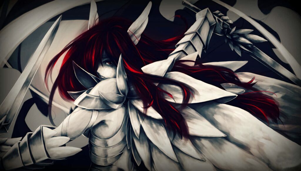 Erza Scarlet in detailed dynamic armor with vivid red hair fierce anime style wallpaper background