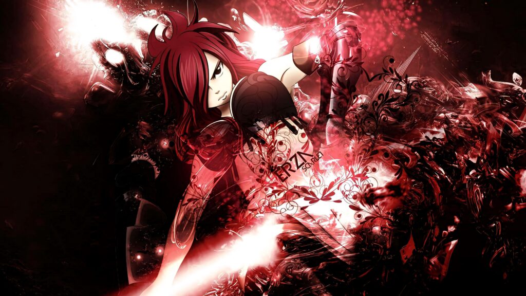 Erza Scarlet from Fairy Tail in intricate armor with swirling red and black energy wallpaper