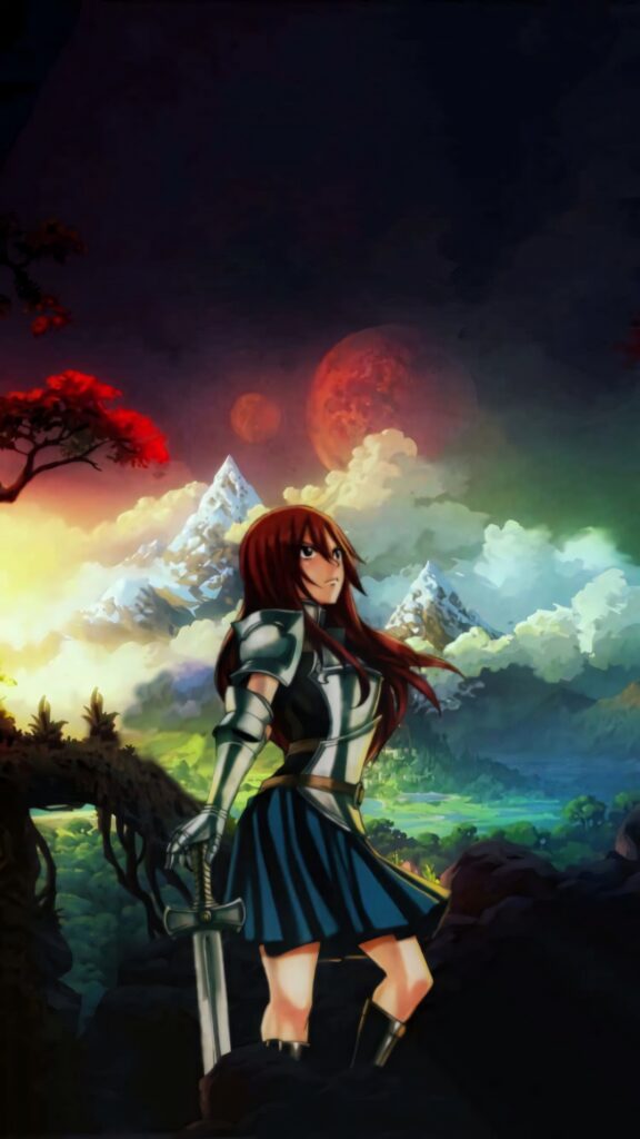 Erza Scarlet in iconic armor with sword against vibrant fantasy mountains and twin moons sky Wallpaper