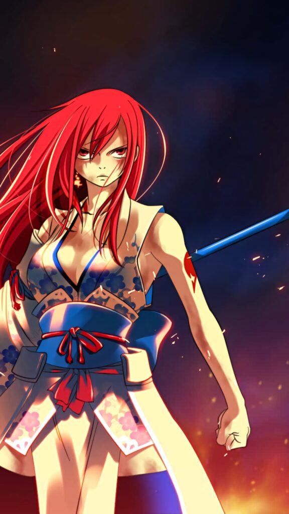 Erza Scarlet from Fairy Tail with flowing red hair in battle armor against fiery backdrop wallpaper