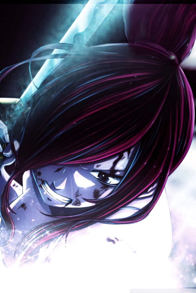 Erza Scarlet anime wielding glowing sword intense determination red blue dramatic lighting wallpaper