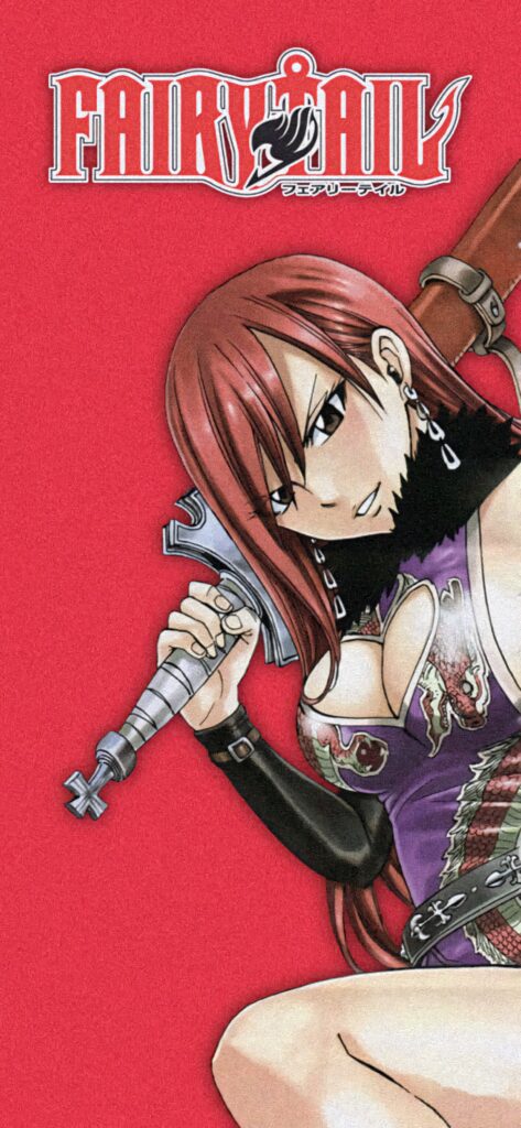Erza Scarlet in dynamic pose with fierce expression and signature armor on red background wallpaper