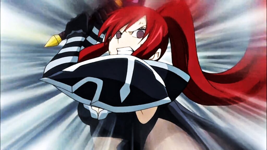 Erza Scarlet fierce attack pose with sword red hair black silver armor Fairy Tail anime wallpaper