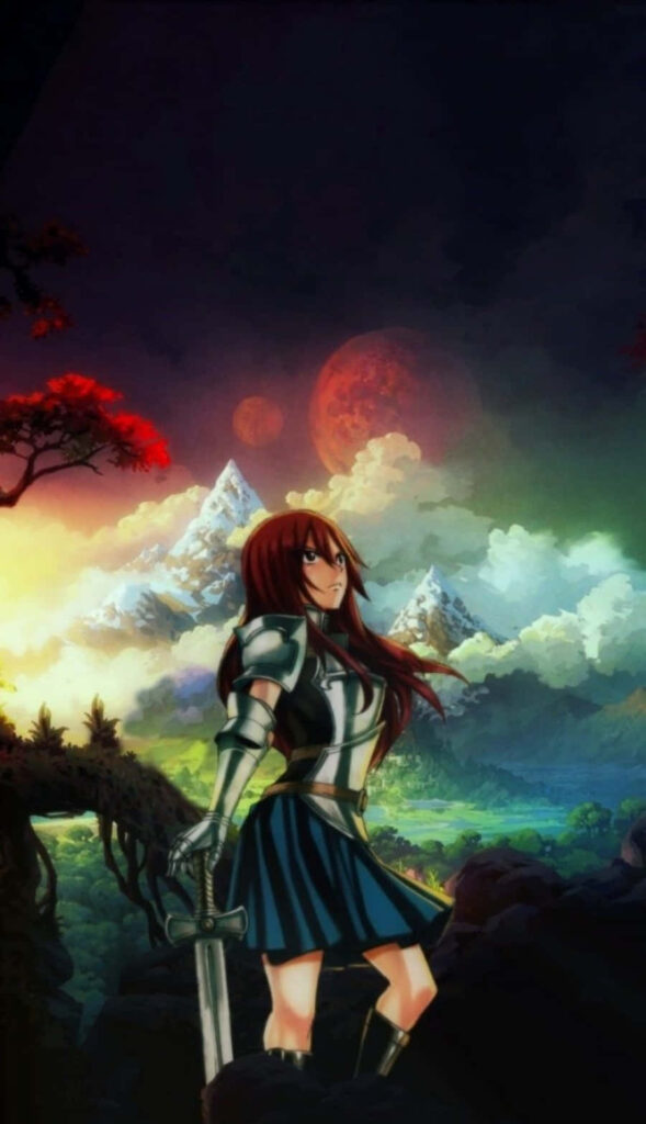 Erza Scarlet Wallpaper: Iconic Armor & Fantasy Landscape Scene