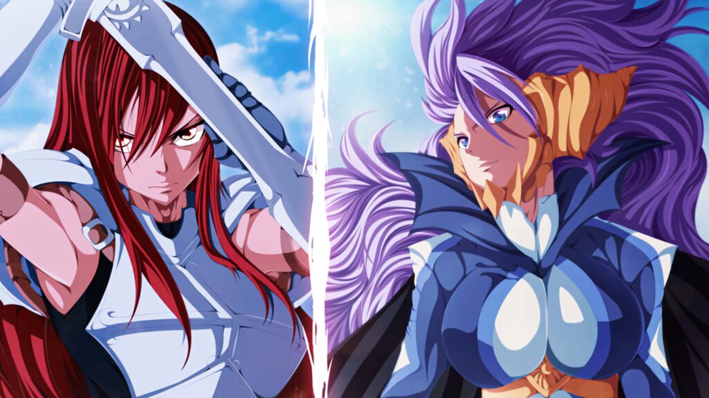 Erza Scarlet in silver armor battles Mirajane Strauss demon form vivid Fairy Tail wallpaper background