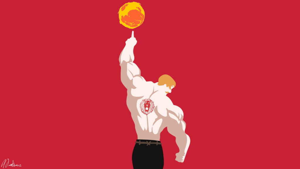 Escanor from The Seven Deadly Sins muscular back lion tattoo golden hair blazing sun red background wallpaper