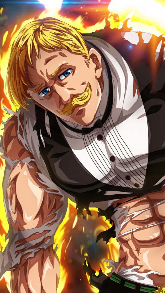 Escanor from Seven Deadly Sins in fiery background showing muscular power and heroic pride Wallpaper