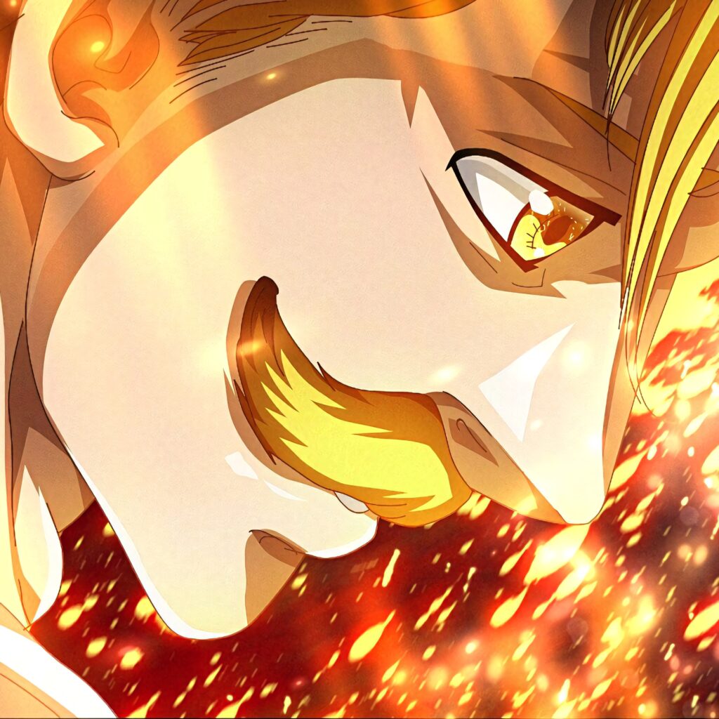 Escanor from Seven Deadly Sins fiery close-up anime wallpaper intense gaze bold mustache embers