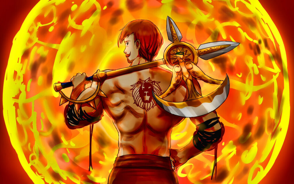 Escanor from The Seven Deadly Sins holding axe with blazing sun fiery background wallpaper