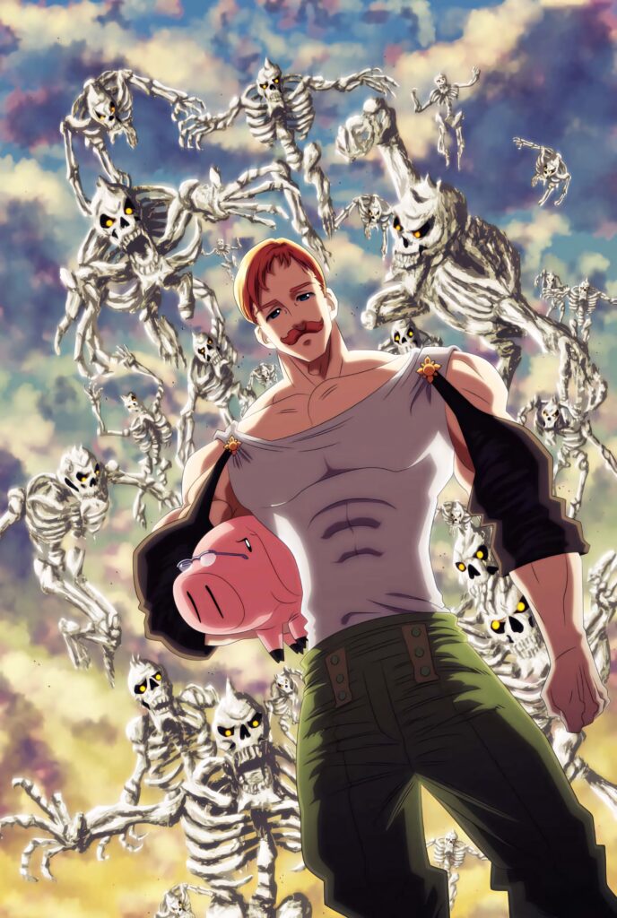 Escanor from Seven Deadly Sins heroically stands under vibrant sky with skeletal monsters background Wallpaper