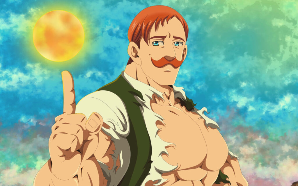 Escanor from Seven Deadly Sins powerful pose under bright sun bold anime art vibrant background wallpaper