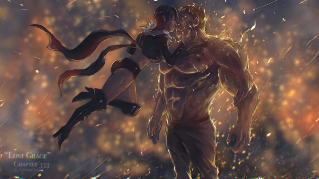 Escanor and Merlin from Seven Deadly Sins in glowing embers with warm golden light wallpaper
