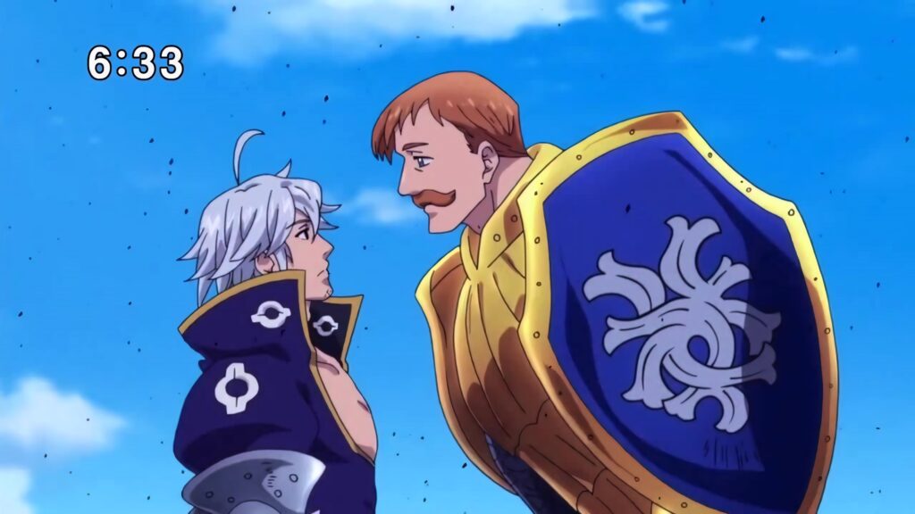 Escanor and Estarossa from The Seven Deadly Sins anime face off under bright blue sky wallpaper