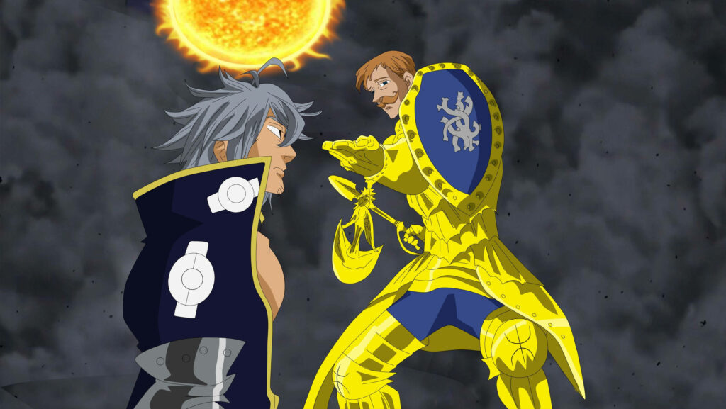 Escanor with golden aura and axe faces Estarossa amid dark clouds in epic anime battle wallpaper