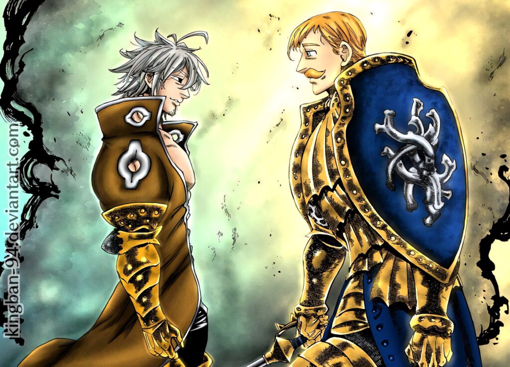 Escanor and Estarossa intense face-off anime wallpaper vibrant gold silver tones detailed armor