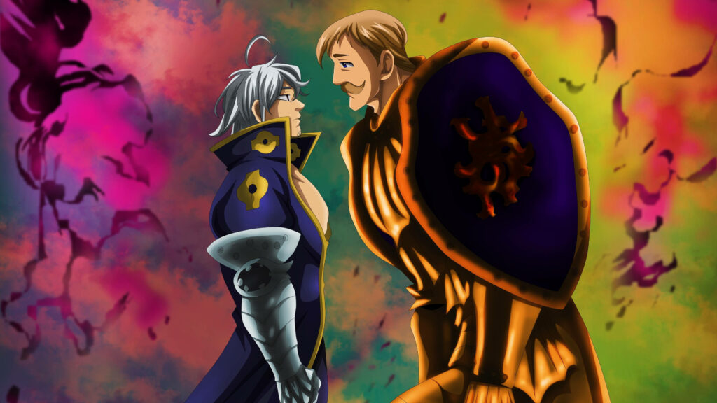 Escanor and Estarossa intense anime showdown with bold colors and dramatic swirling background Wallpaper