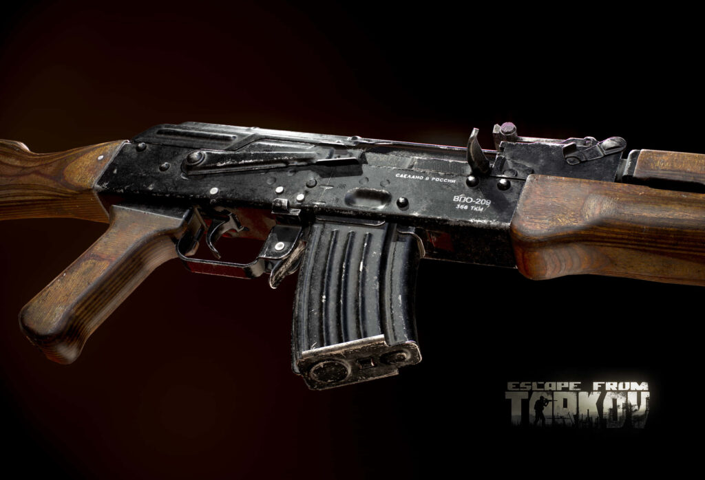 Detailed weathered AK-style rifle with wooden grips on dark background Escape from Tarkov wallpaper