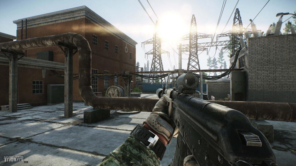 Escape from Tarkov first-person rifle aiming industrial zone sunset gritty urban survival wallpaper