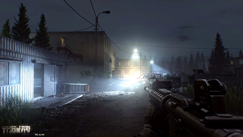 Realistic military rifle at night in Escape from Tarkov gritty industrial survival game wallpaper
