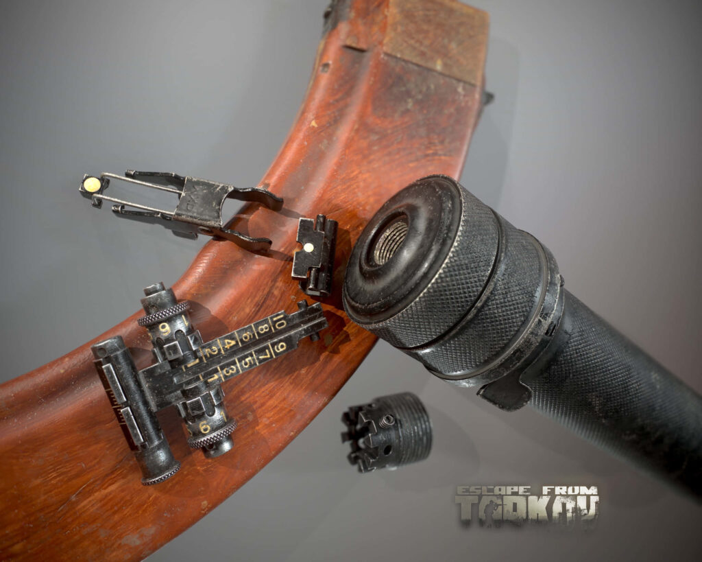 Escape from Tarkov wallpaper with detailed weapon parts wooden magazine iron sights suppressor