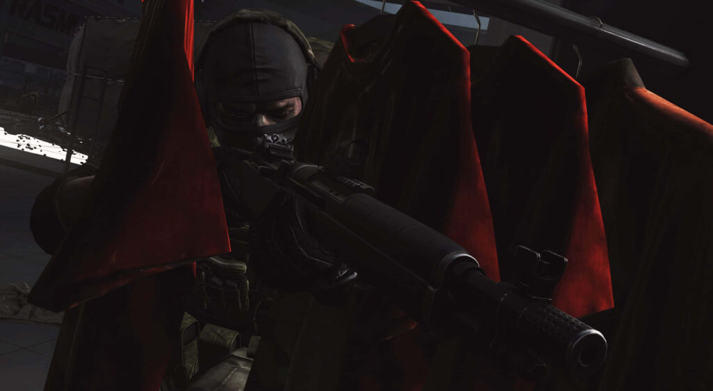 Masked soldier aiming sniper rifle in dark shadows red black drapes Escape from Tarkov wallpaper
