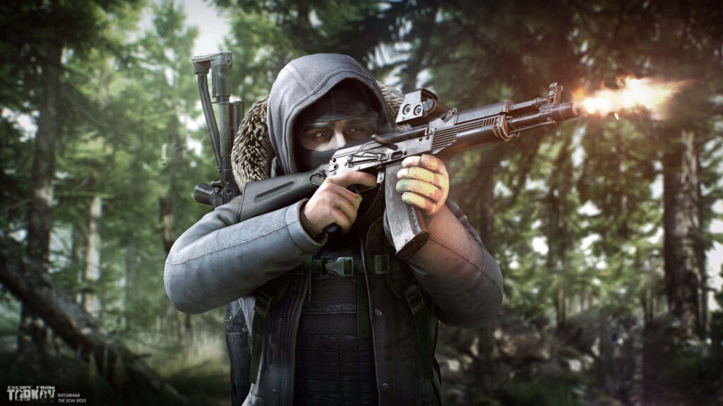 Escape from Tarkov soldier aiming assault rifle in sunlit dense forest intense survival combat Wallpaper