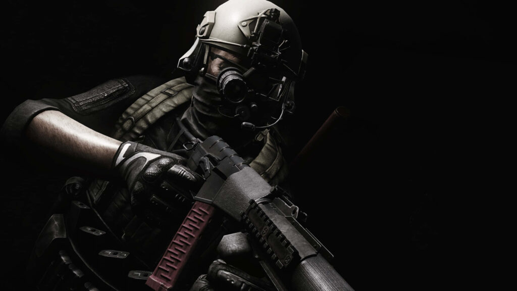 Escape from Tarkov soldier in tactical gear with helmet in dramatic lighting dark background wallpaper