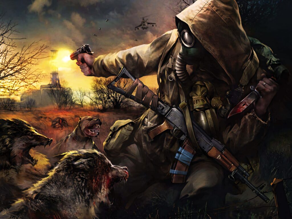 Escape from Tarkov survivor armed with pistol and AK fights mutated dogs in stormy sunset Wallpaper