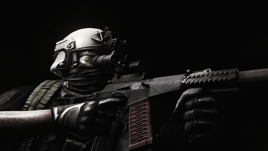 Tactical operator from Escape from Tarkov in night vision gear holding assault rifle on black background Wallpaper
